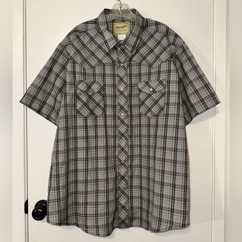 Wrangler Shirt Mens Tan Black Plaid Western Pearl Snap Pockets Short Sleeve 2XL